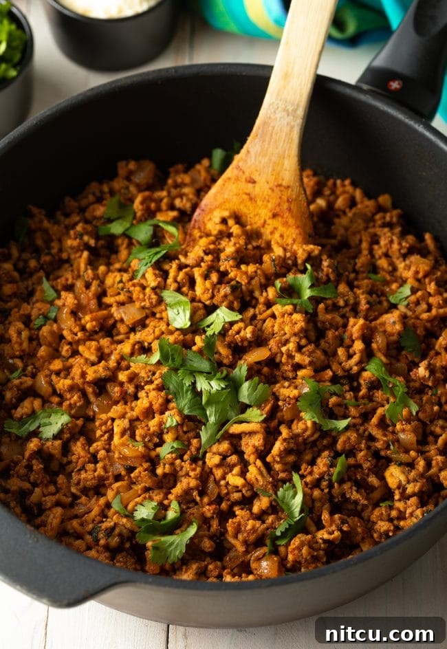 Ground turkey meat for spicy tacos with fresh cilantro garnish
