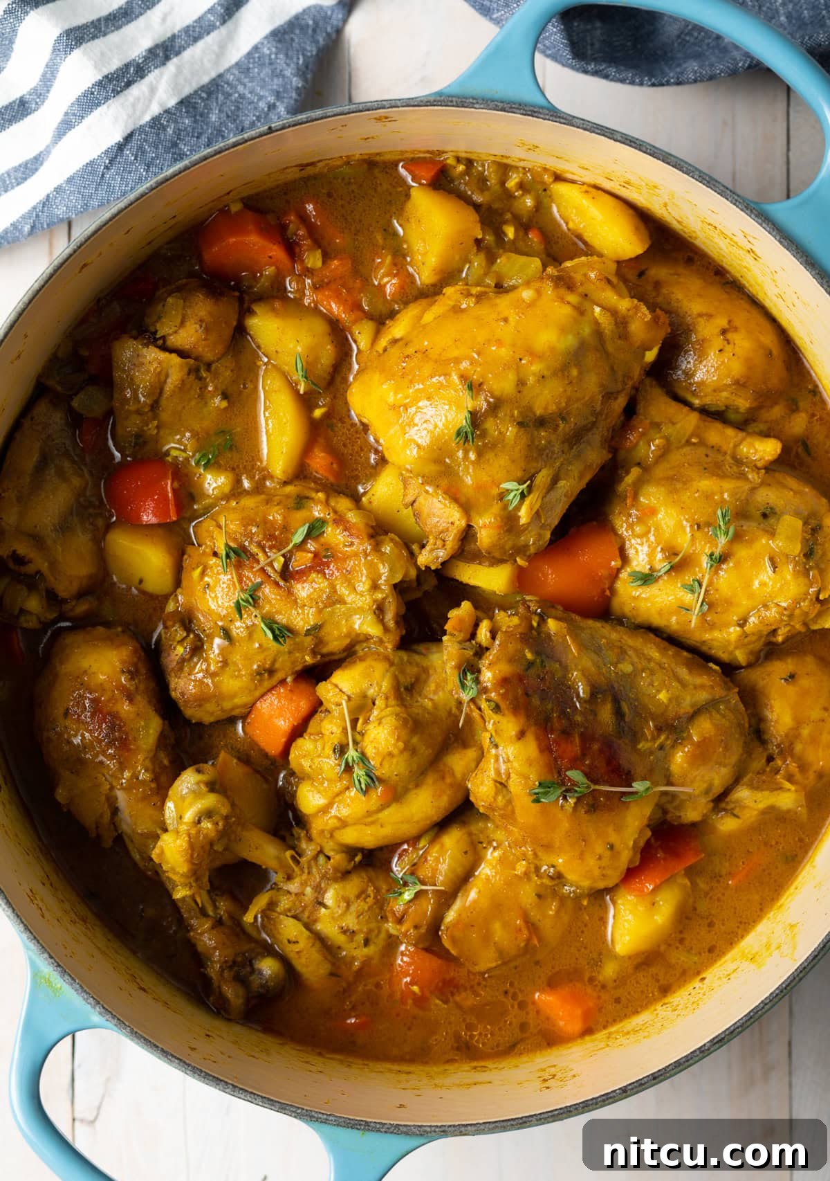 Top down view of ready-to-eat chicken curry, garnished with fresh herbs.