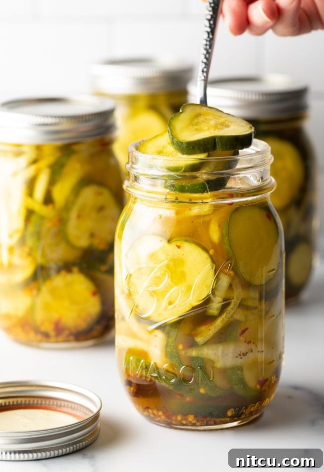 Using a fork to remove bread and butter pickle slices from jars.