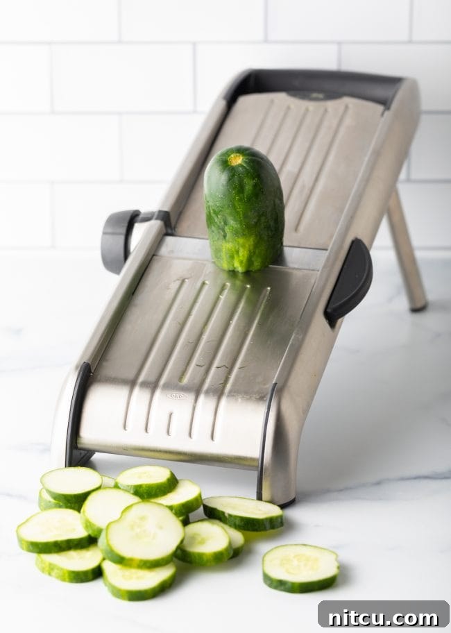 Slicing cucumbers with a mandolin.