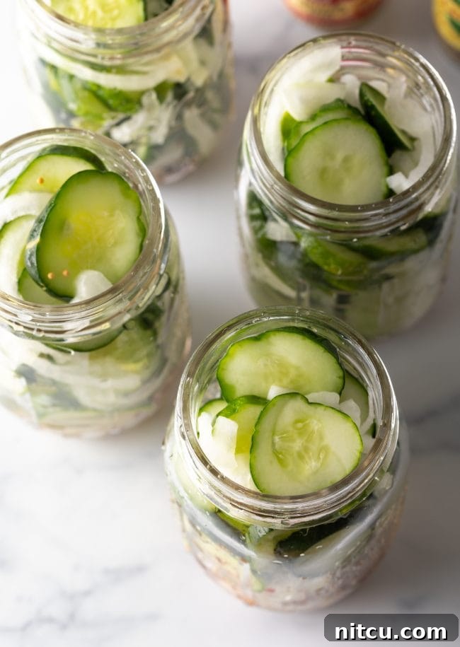Four glass jars filled with cucumber slices and white onion.