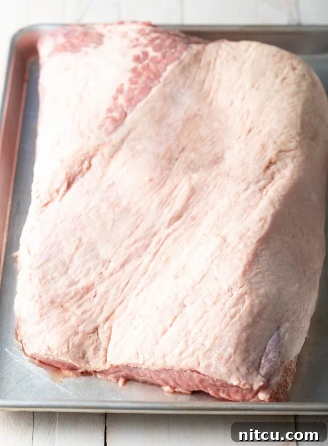 Trimmed beef brisket resting on a baking sheet, ready for the dry brine.