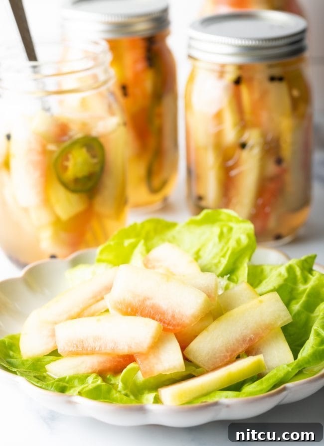 slices of pickled watermelon rind on a plate with lettuce