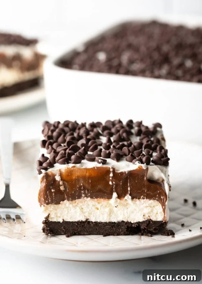 A close-up of a perfectly portioned slice of No-Bake Chocolate Lasagna on a white plate, showcasing its distinct, creamy chocolate and white layers and an Oreo crust base, garnished with chocolate shavings.