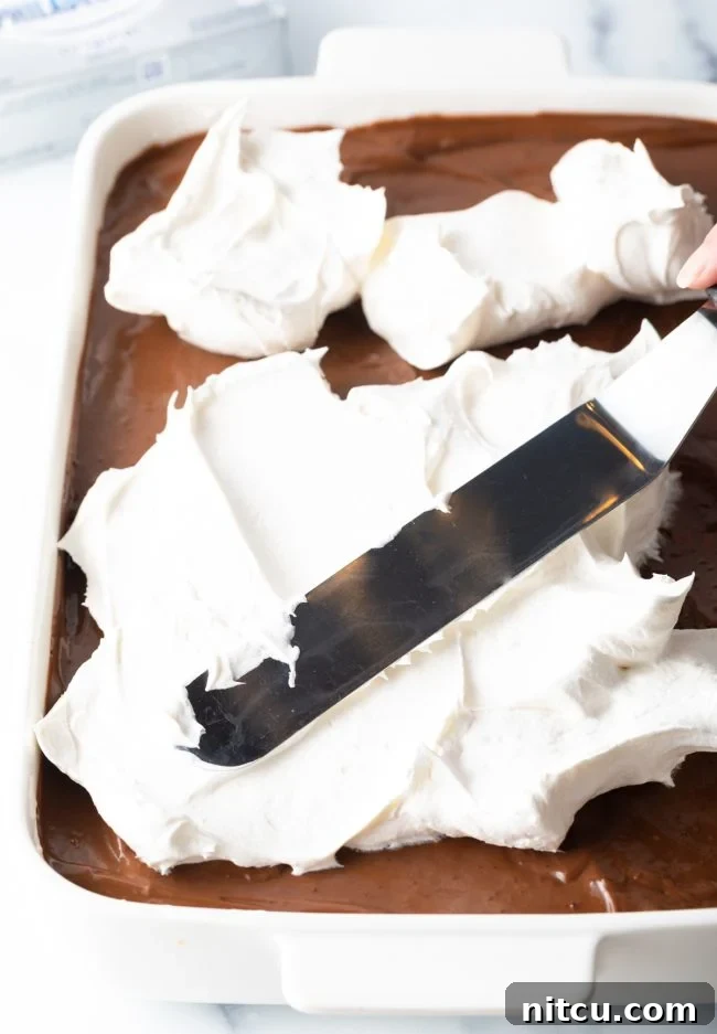 Spreading the final layer of Cool Whip over the chocolate pudding layer.
