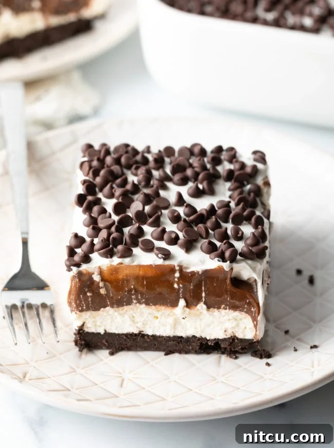 A beautifully layered slice of No-Bake Chocolate Lasagna, showcasing all four distinct layers, on a plate ready to be served.