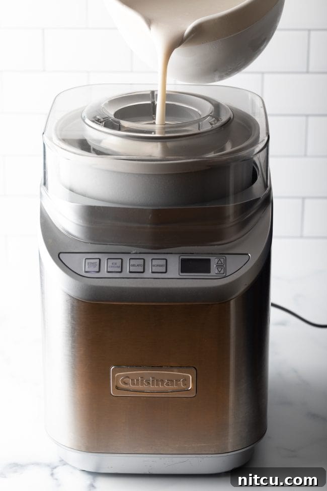pouring the mixture into an ice cream machine