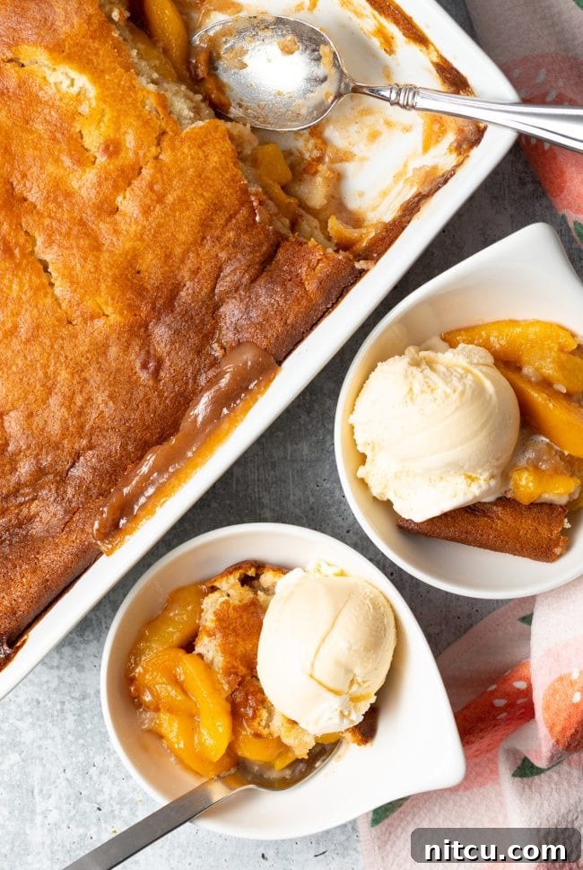 overhead view peach cobbler in dish and bowl