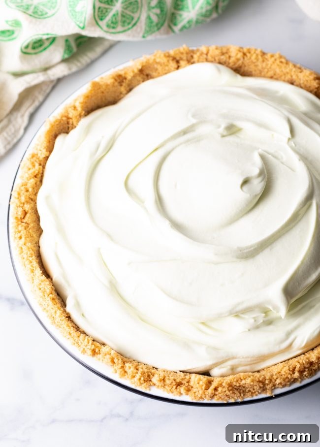 The fluffy, vibrant key lime pie filling has been perfectly poured and smoothed into a crisp graham cracker crust, showcasing the layers before freezing.