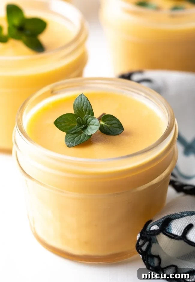 Closeup of dairy free mango pudding with fresh mint leaves.