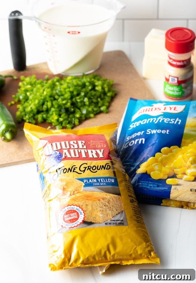 Recipe ingredients laid out, including corn and chopped peppers on a cutting board, ready for mixing.