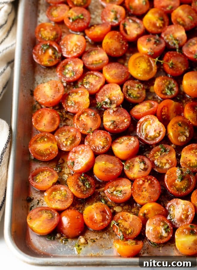 Seasoned cherry tomatoes spread evenly on a baking pan, ready for roasting.