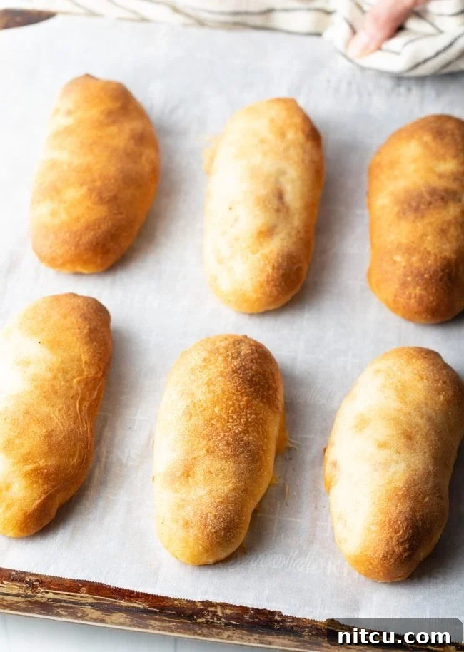 Baked pepperoni rolls on a pan.