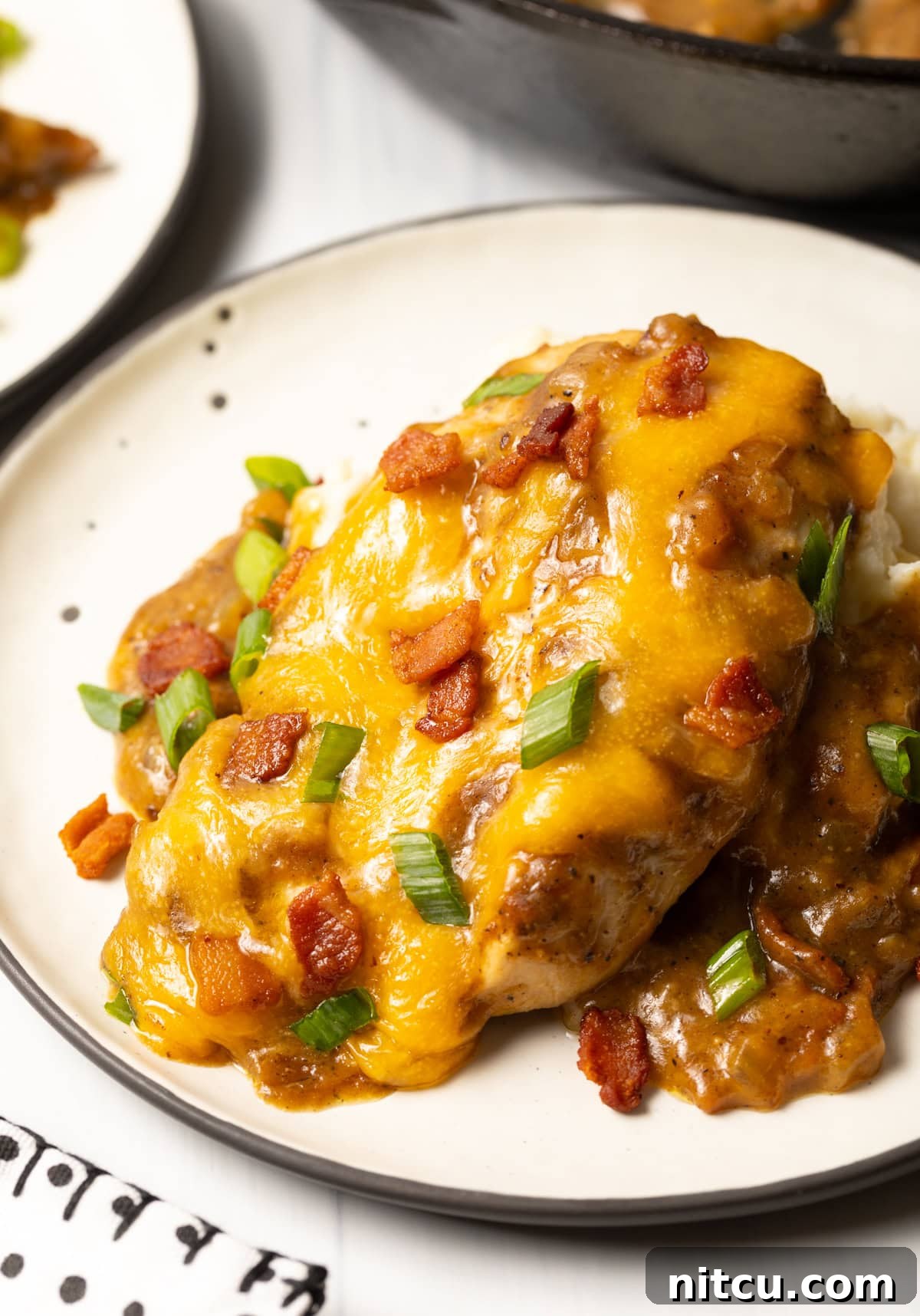 Close up view of smothered chicken and gravy recipe with cheese, bacon, and scallions on a white plate, ready to be enjoyed.