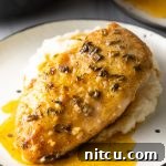 A top-down view of a beautifully cooked Lemon Garlic French Chicken breast, rich with sauce.