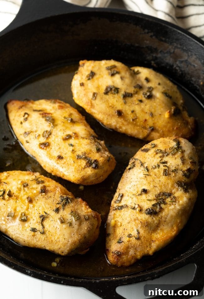 Overhead top view of perfectly oven-baked chicken breasts, glistening with a rich lemon garlic sauce, nestled invitingly in a cast iron pan.