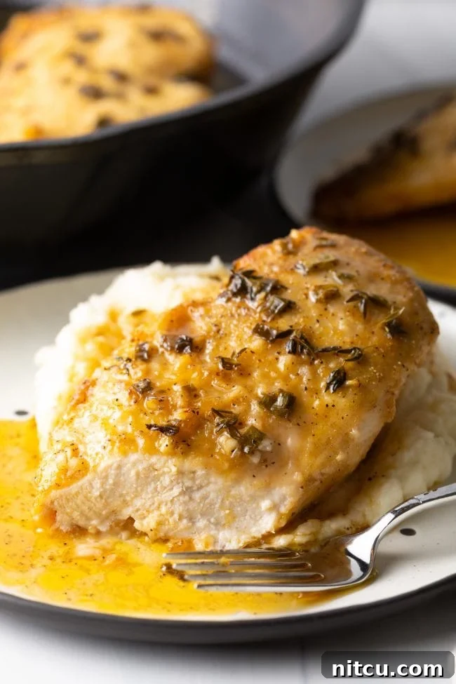 A close-up side view of a perfectly cooked chicken breast with glistening lemon garlic pan sauce, served atop creamy mashed potatoes. A cut reveals the succulent, juicy interior of the chicken.