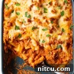 Baked Rigatoni Bolognese in a baking dish
