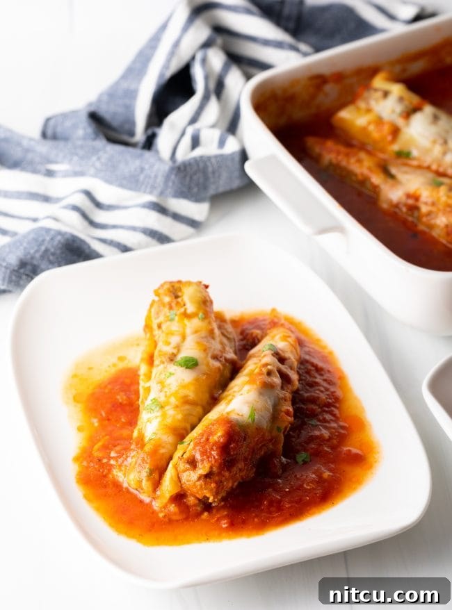 Two enticingly stuffed peppers, showcasing their melted cheese topping and savory filling, served on a white plate