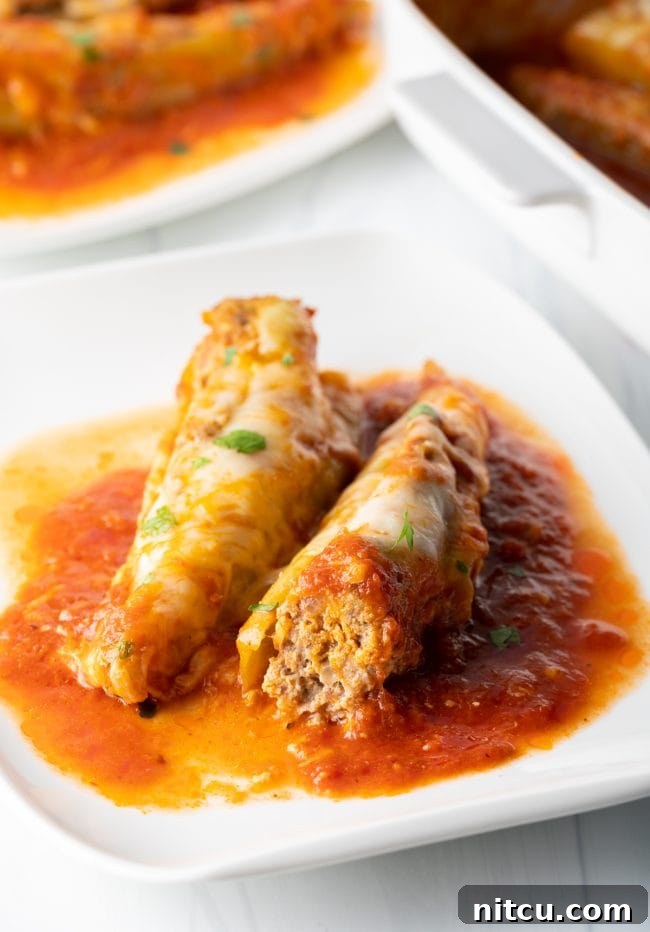 Detailed close-up view of a baked banana pepper, generously stuffed with savory sausage and cream cheese, swimming in rich tomato sauce and topped with melted cheese