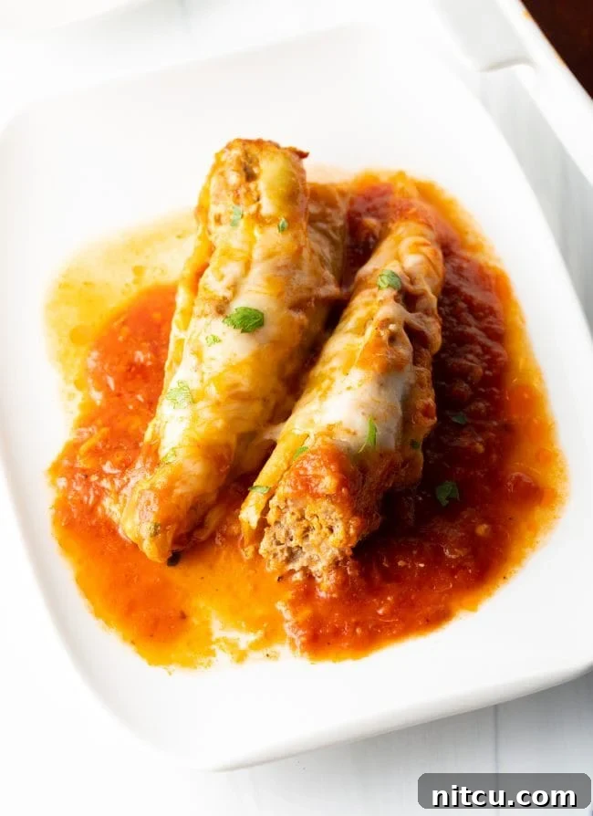 Two generously stuffed banana peppers covered in melted cheese and rich marinara sauce on a plate