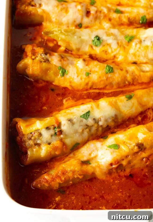 Top-down view of stuffed banana peppers simmering in rich marinara sauce within a baking dish, ready for the oven