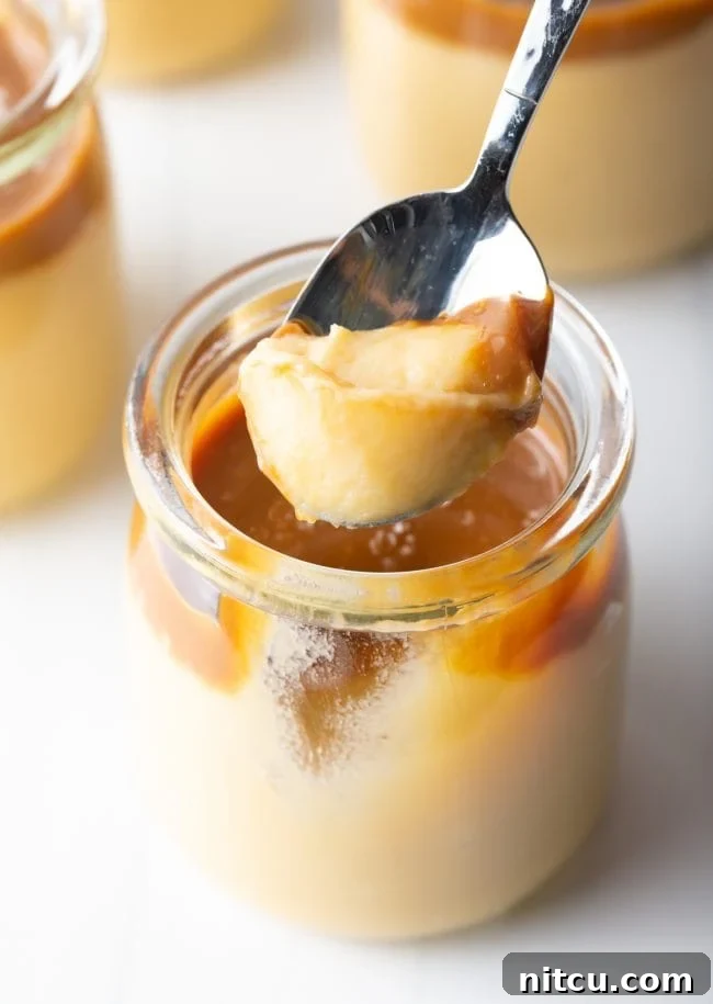 Italian Dessert Recipes - spoon scooping butterscotch pudding from a jar