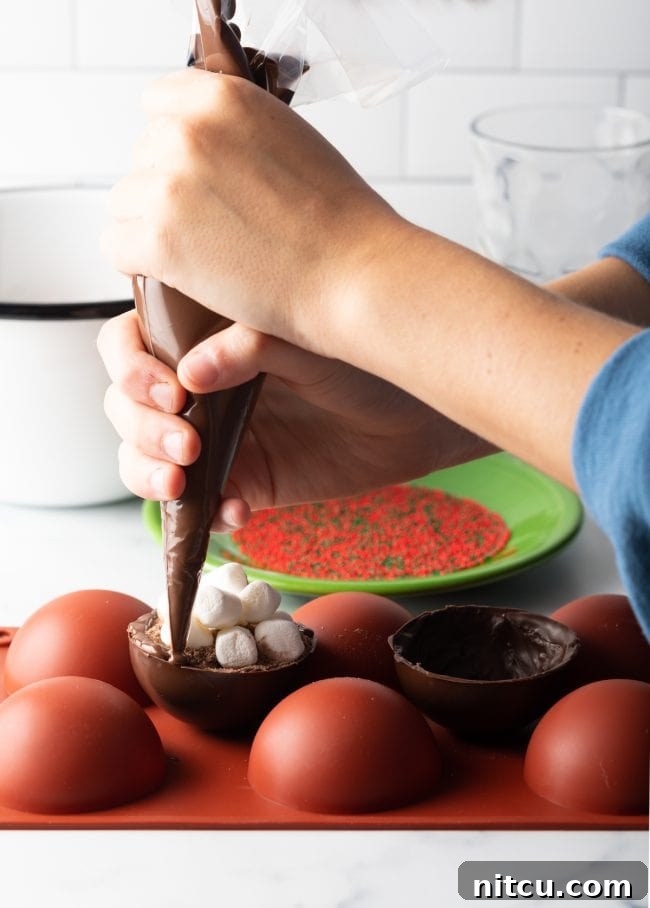 Hand piping chocolate onto top of sphere.