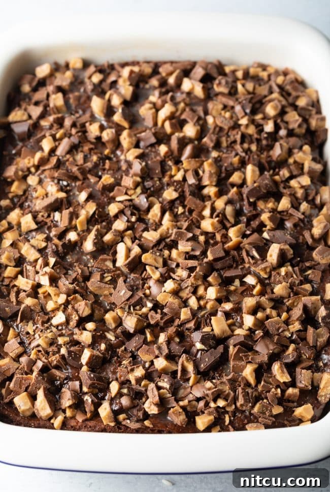 Top-down view of a white rectangular baking dish holding the cake, now covered with a generous layer of chopped Heath bars, signifying the next step in its preparation before chilling.