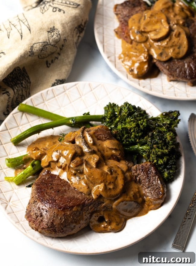 Top view of two elegant white plates featuring copycat Cheesecake Factory Steak Diane, each accompanied by vibrant broccolini, showcasing a beautifully presented meal.