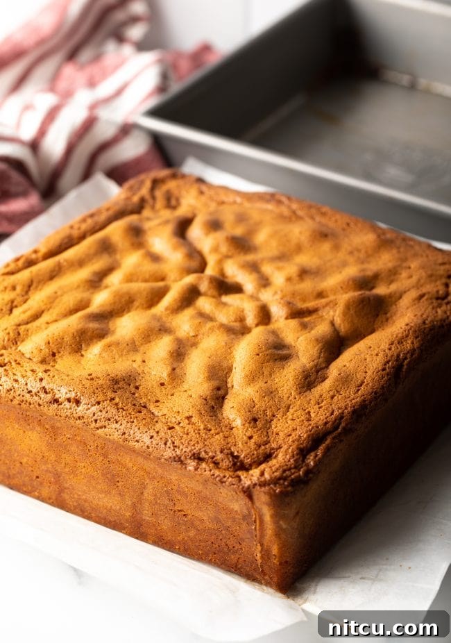 Baked Japanese Sponge Cake removed from the pan and sitting on a piece of parchment paper.