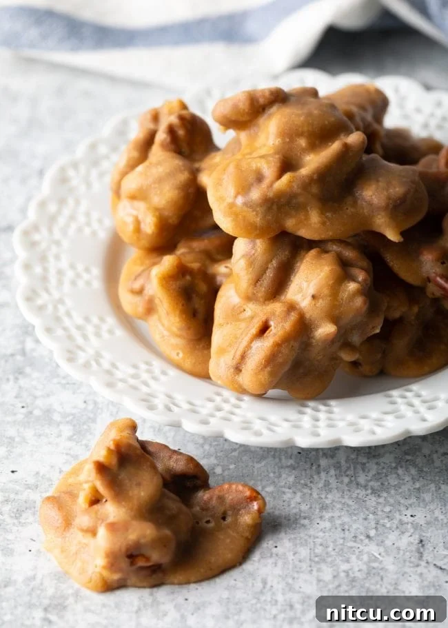 Top-down view of several perfectly formed pecan pralines arranged on a white plate, with one single praline resting beside it.