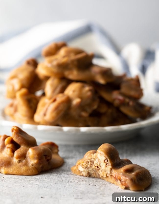 Side view of two half-eaten pecan pralines next to a plate laden with cinnamon pecan candies, showing their rich interior.