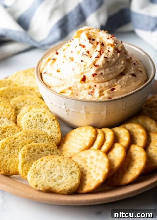 Bowl of smoked cheese and sour cream dip on a plate surrounded by crackers and toasted bread slices.