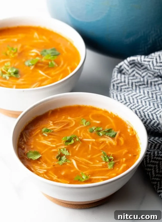two bowls of Mexican sopa with noodles garnished with cilantro, showcasing a vibrant and comforting dish
