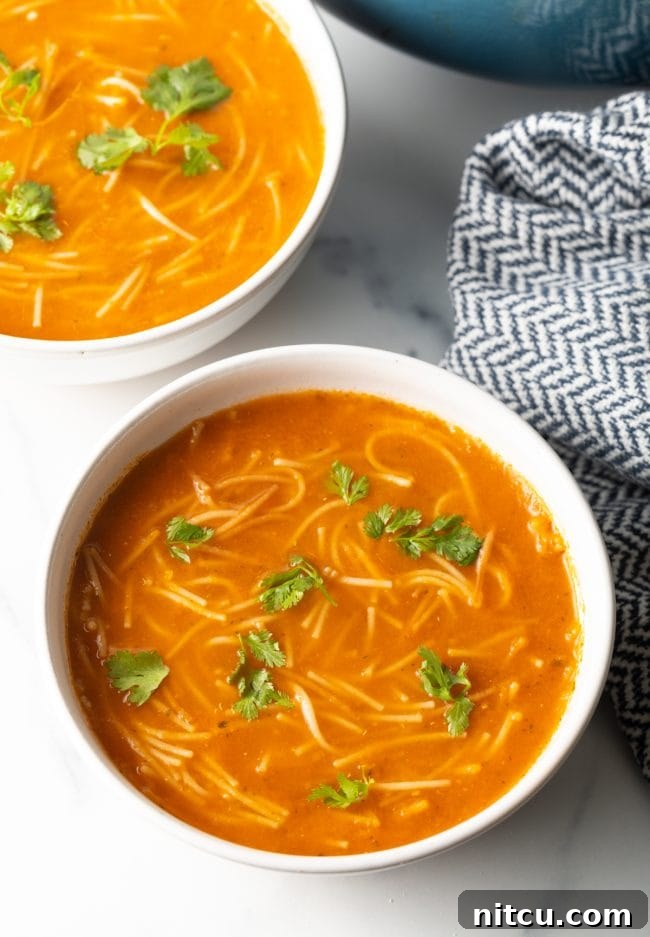 top view of two bowls of Sopa de Fideo garnished with fresh chopped cilantro, ready to be enjoyed