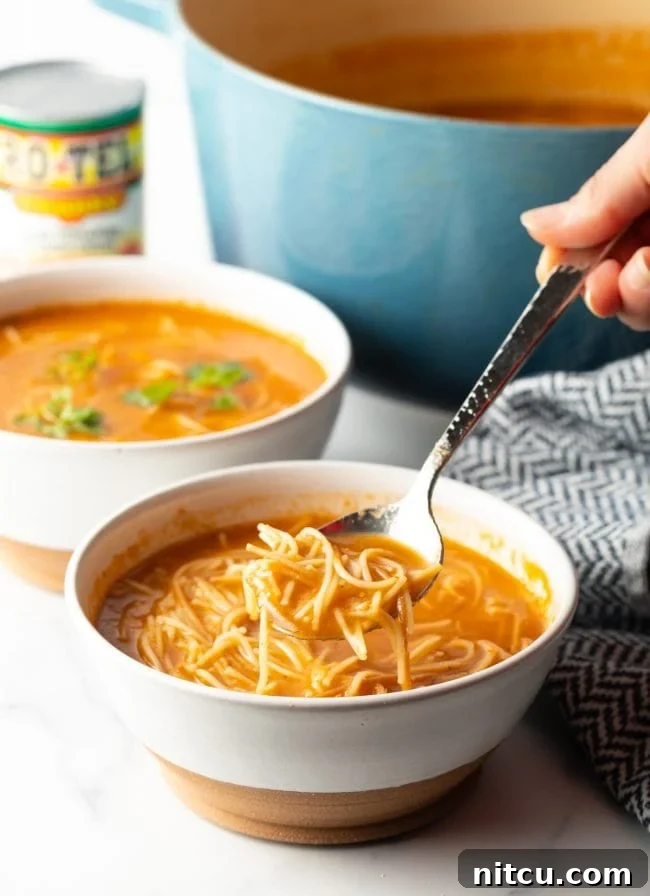 hand with spoon lifting a spoonful of vibrant Sopa de Fideo from a white and brown bowl, with a second bowl blurred in the background