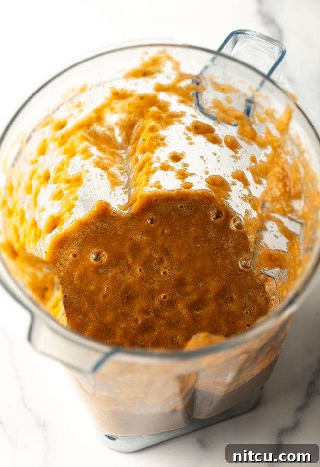 top view of a blender jar with a smooth, vibrant tomato, garlic, jalapeño, and cilantro puree