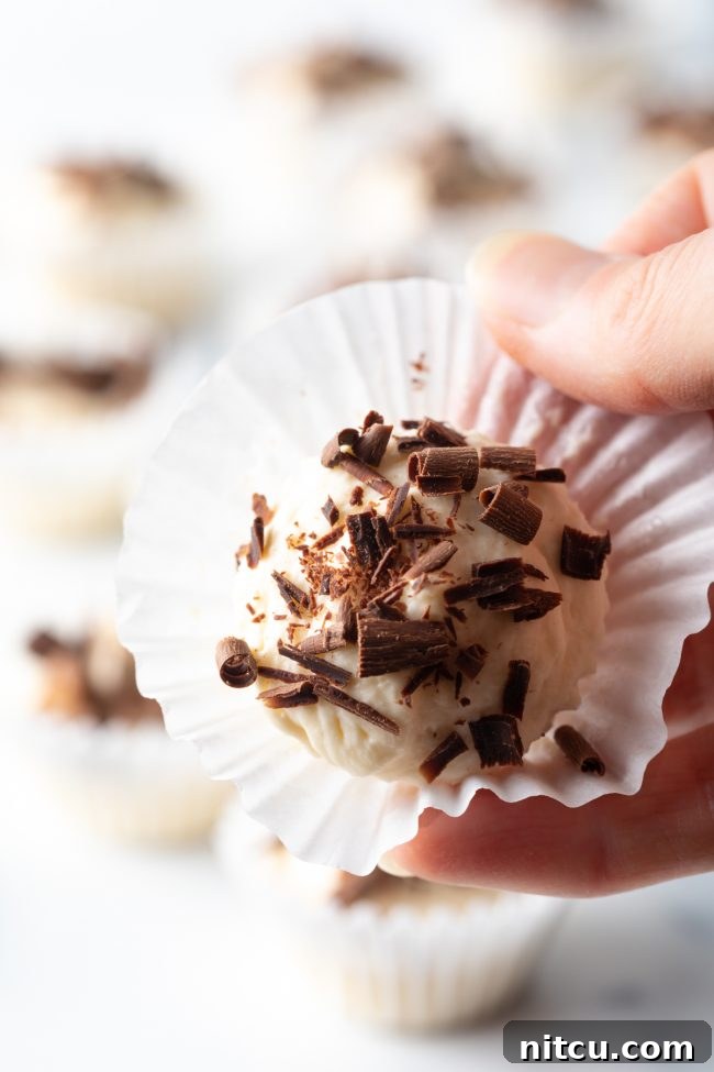 A hand holds a perfectly formed no-bake cheesecake fat bomb, still in its paper liner, adorned with chocolate shavings, presented close to the camera for an inviting view.