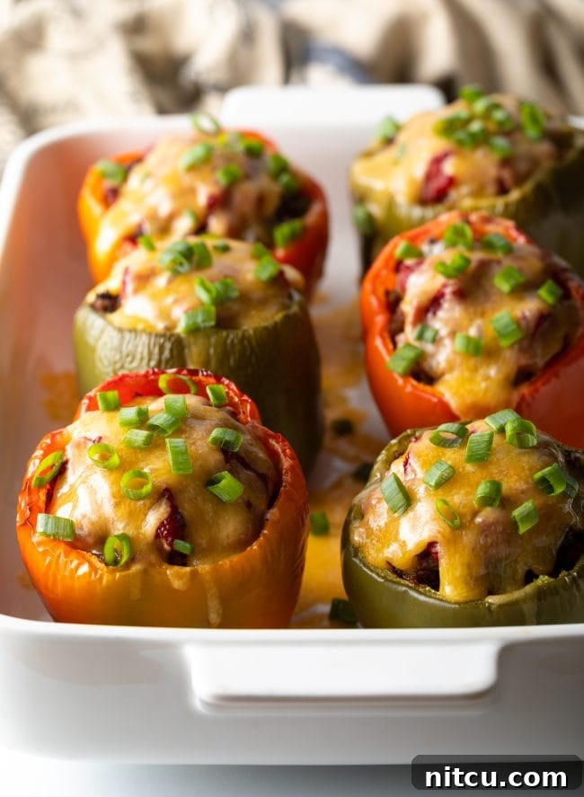 Baked low carb keto ground beef peppers in a casserole dish.