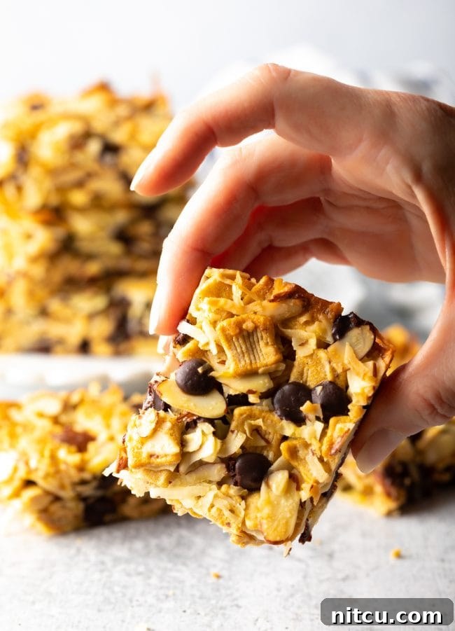 Hand holding a low carb keto cereal snack bar, showcasing crunchy texture with cinnamon crunch, chocolate chips, almonds, and coconut.