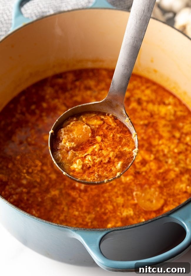 ladle full of spanish sopa de ajo garlic and egg soup held to camera