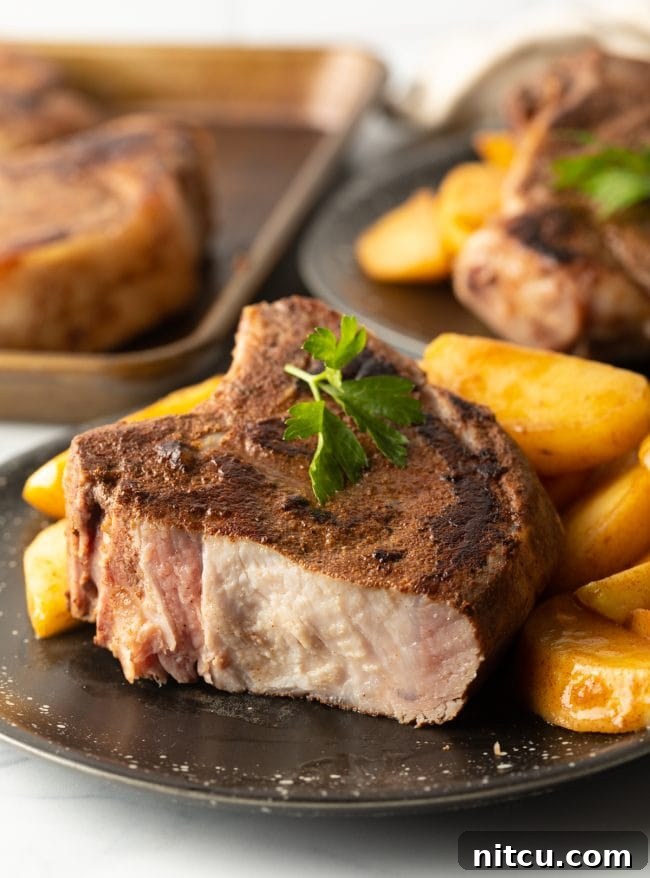 sous vide bone in pork chop with boneless option - thick-cut showing inside of moist pork