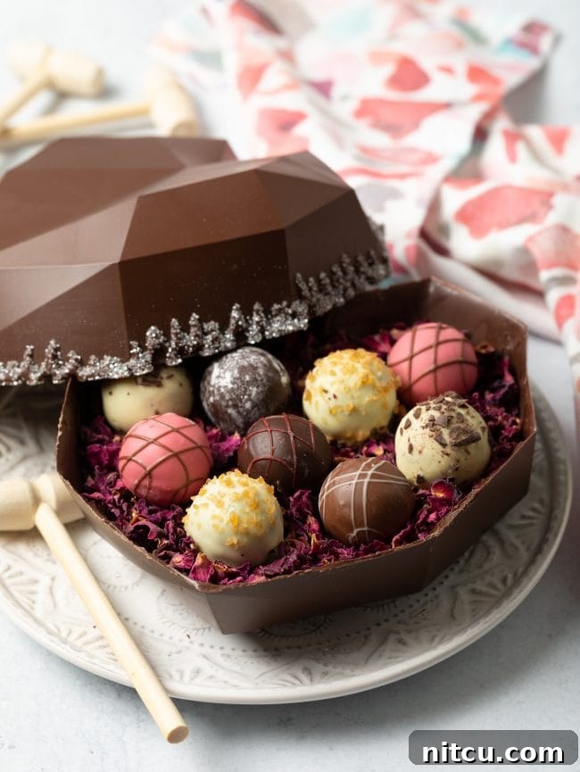 A side view reveals an open bakery box containing a breakable chocolate heart shell, artfully filled with an enticing array of gourmet truffles.