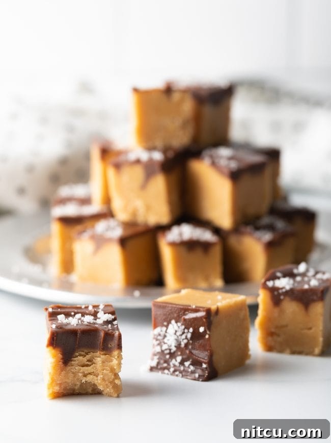 Background blur with stacked fudge, three pieces of chocolate peanut butter fudge in the foreground, one with a bite taken out.