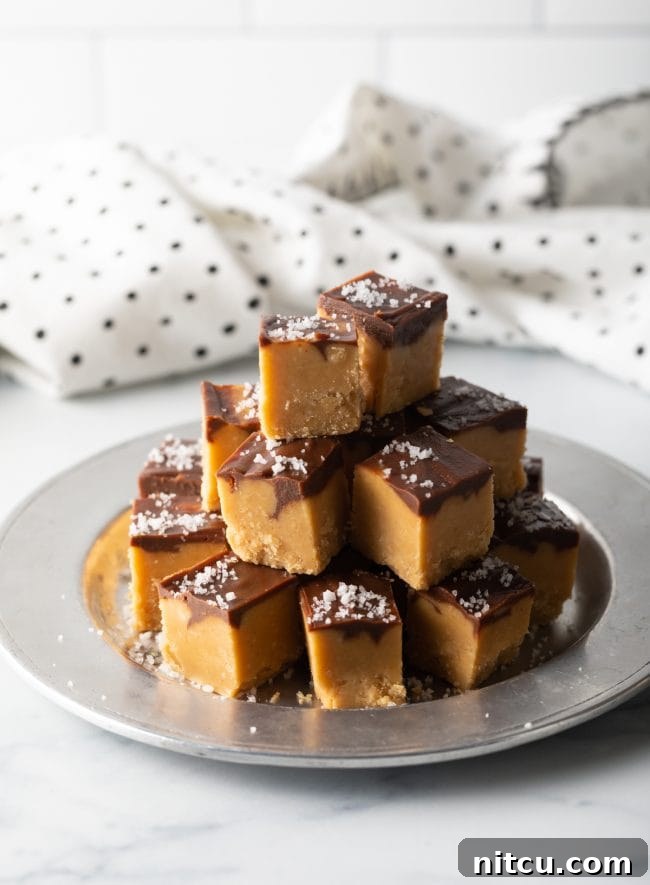 Pulled-out view of neatly stacked pieces of homemade Peanut Butter Fudge on a silver plate, ready to be served.