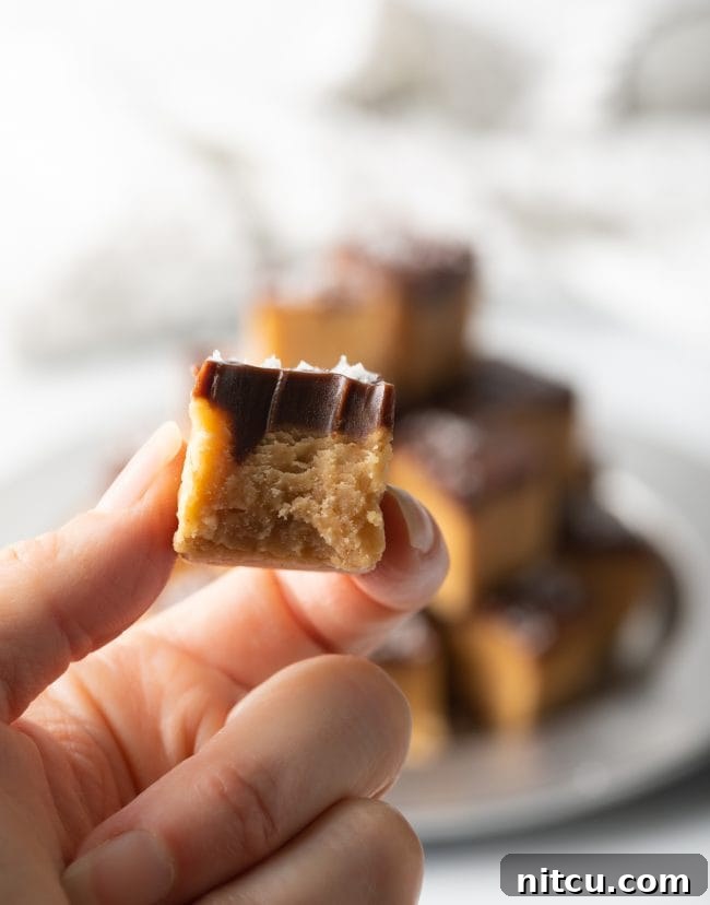 A hand holding a piece of old-fashioned peanut butter candy with a chocolate top, showing a bite taken out, highlighting its soft texture.