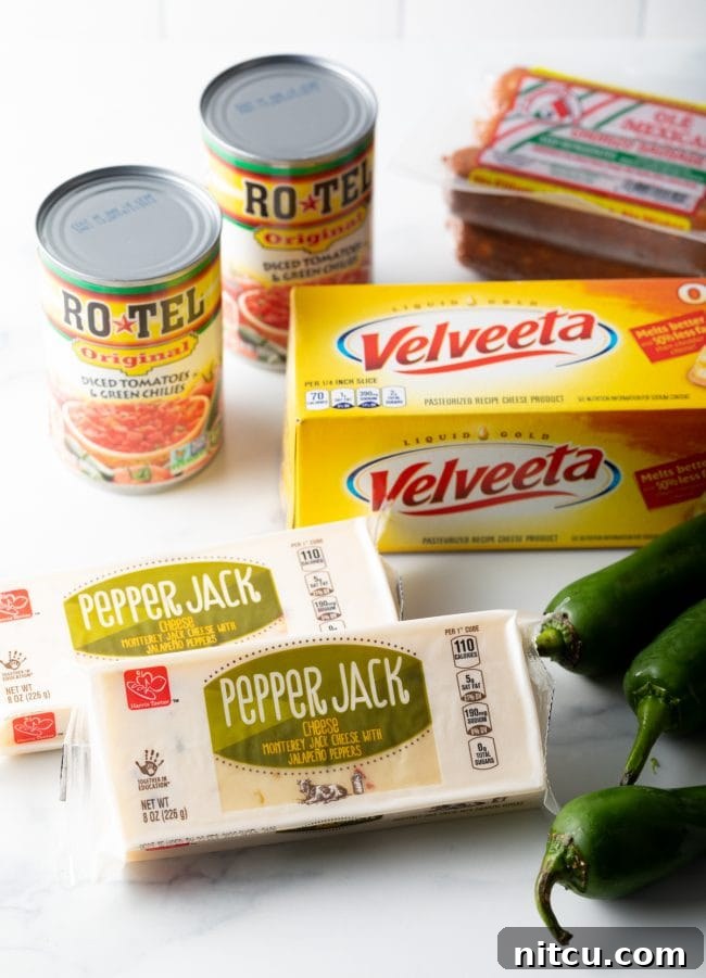 A vibrant display of smoked queso ingredients: canned Rotel, blocks of Velveeta cheese, pepper jack cheese, and fresh jalapeños.