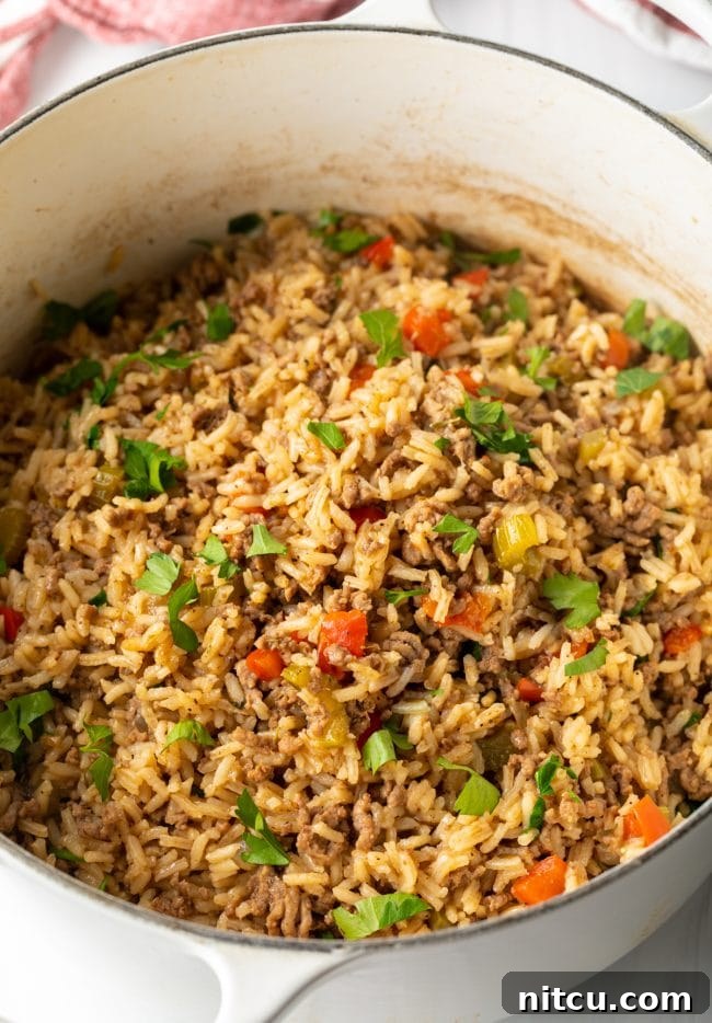 Top down view of Cajun dirty rice in a large pot, rich with meat and vegetables.