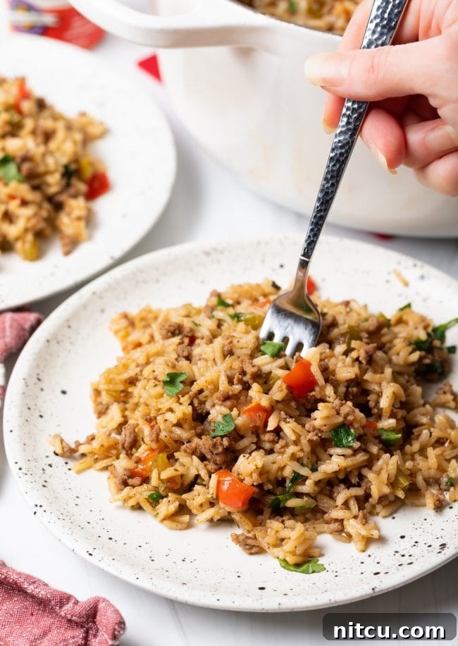 Plate of fried dirty rice with a hand taking a forkful, showcasing its rich texture.